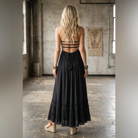 NWT Tiered Boho Smocked Halter Strappy Back Maxi Dress Black - Picture 5 of 6